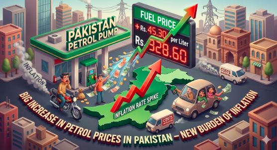 Petrol price increase in Pakistan showing rise from Rs 266 per liter after a Rs 55 hike, highlighting growing fuel costs and inflation impact.