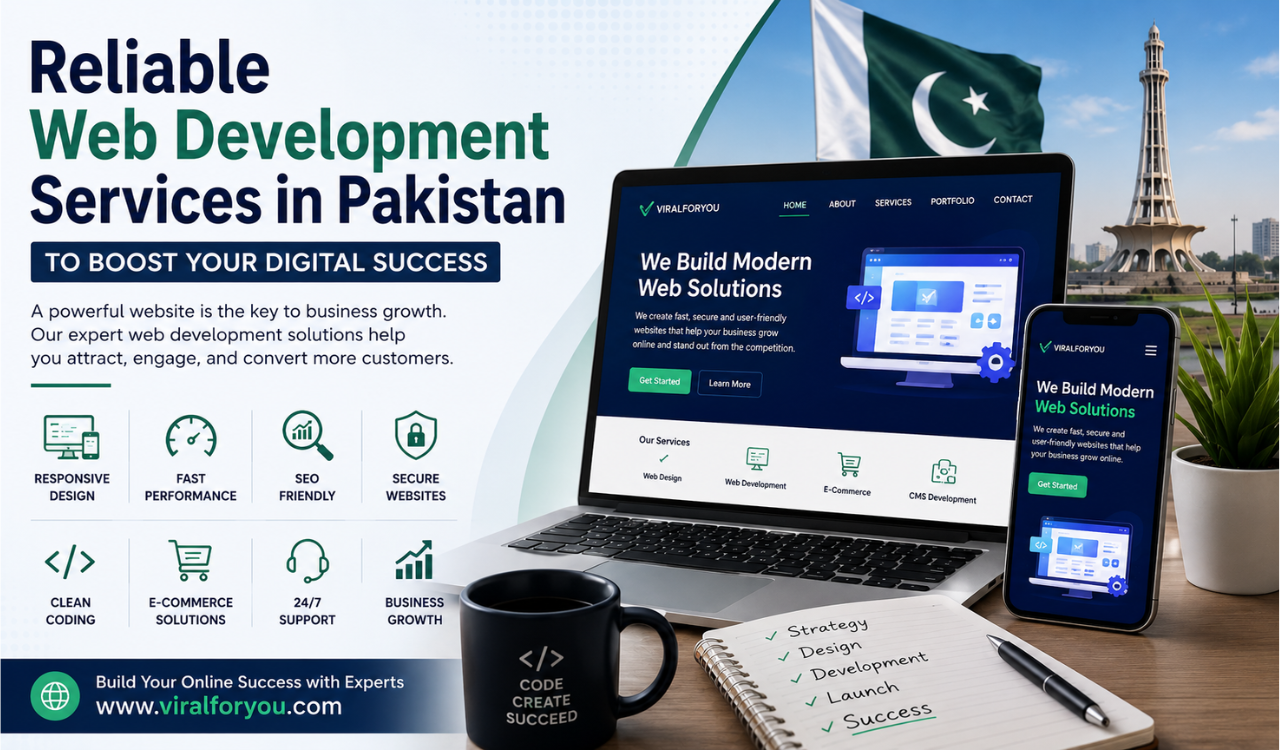 Professional web development services banner in Pakistan featuring responsive website design, SEO optimization, secure coding, business growth, and the domain name viralforyou.com.