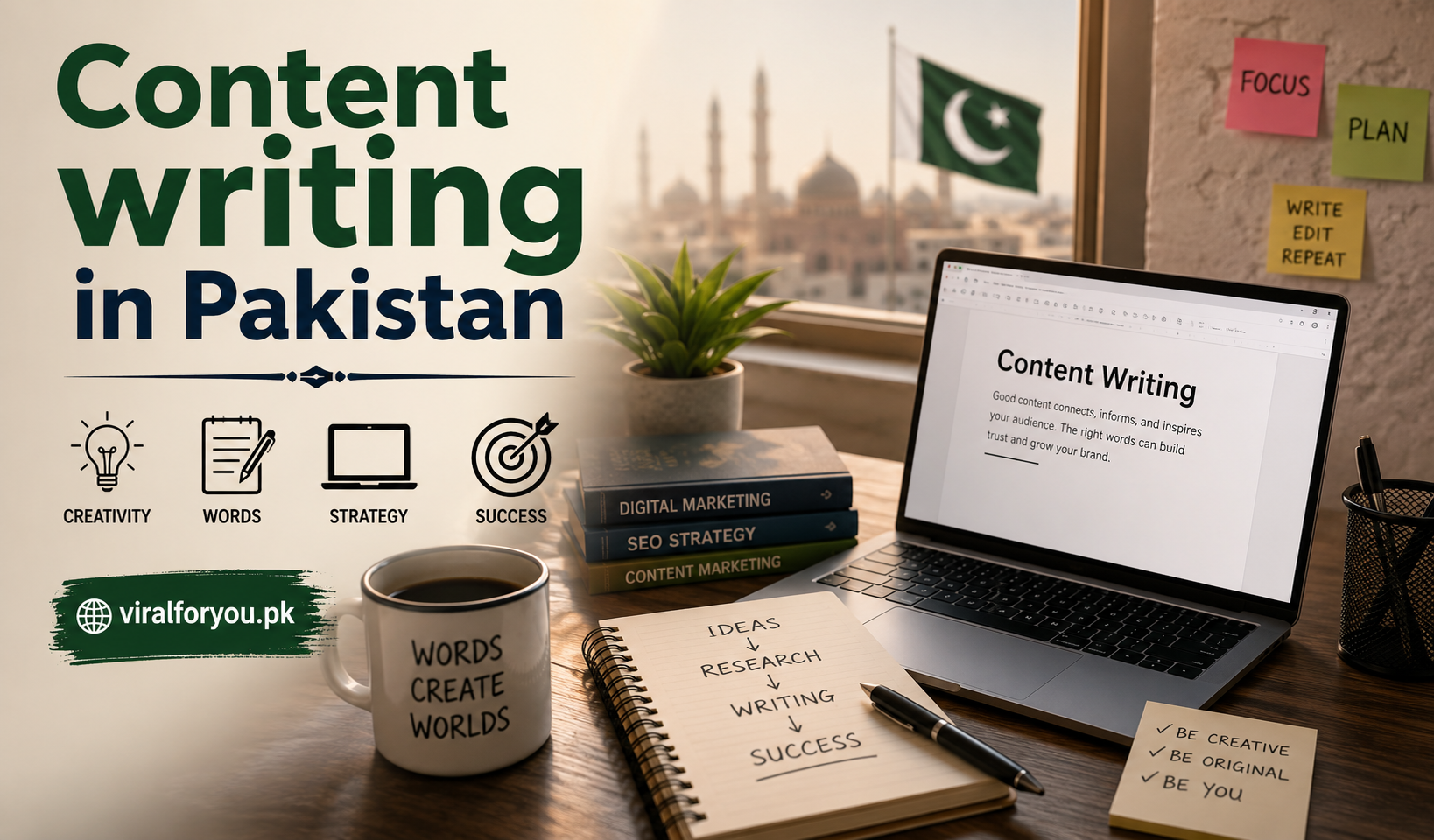 Content Writing in Pakistan creative workspace with laptop, notebook, and viralforyou.pk branding