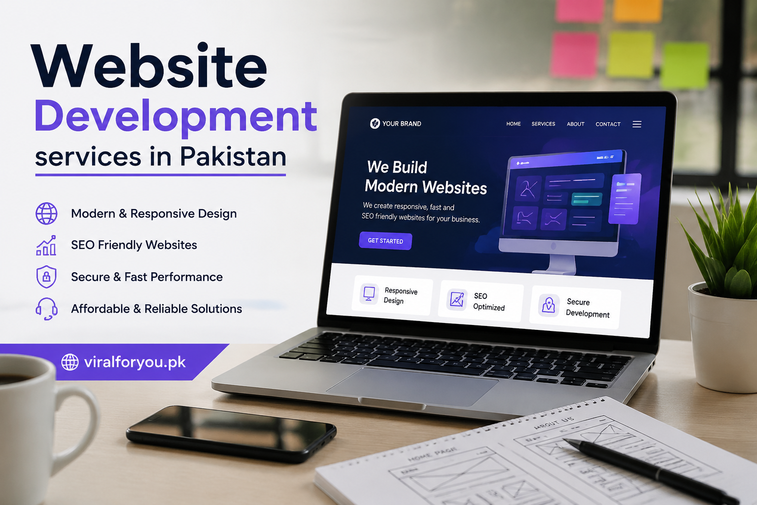 Professional website development services in Pakistan featuring a modern web design workspace with responsive website concepts and the branding viralforyou.pk.