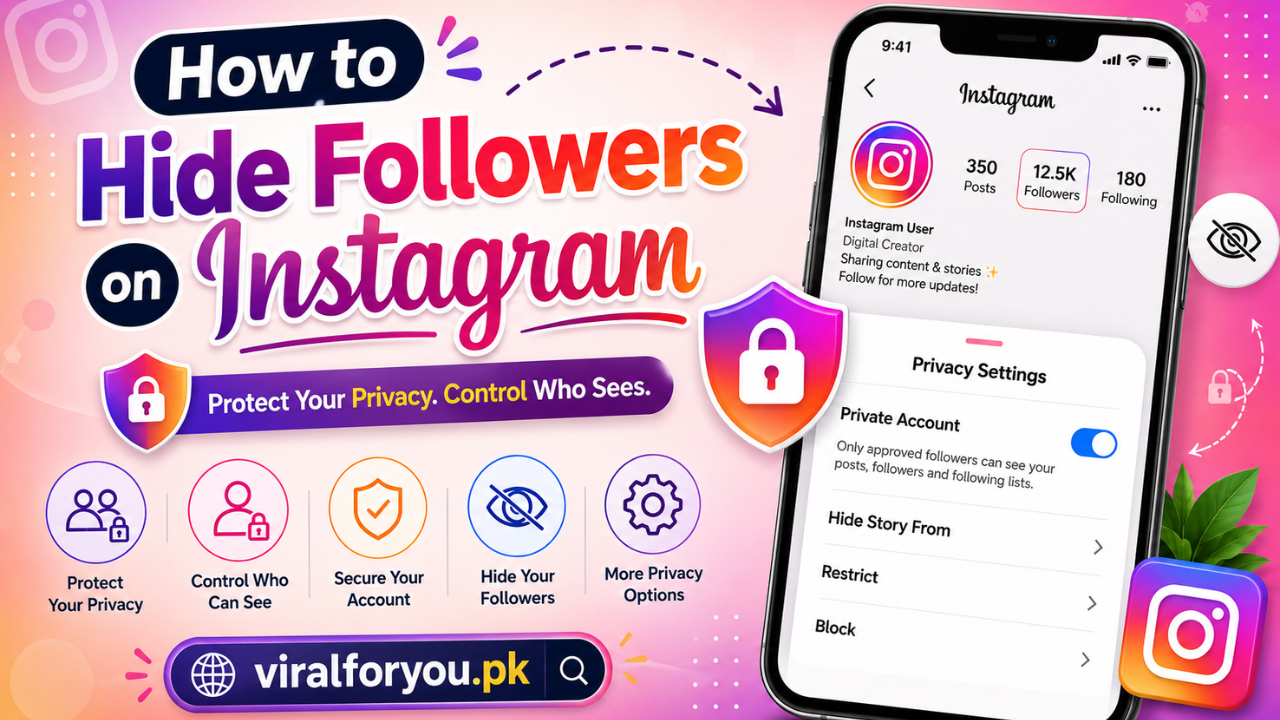 How to Hide Followers on Instagram featured image showing a smartphone with Instagram privacy settings, security icons, and the title "How to Hide Followers on Instagram" with the website name viralforyou.pk.