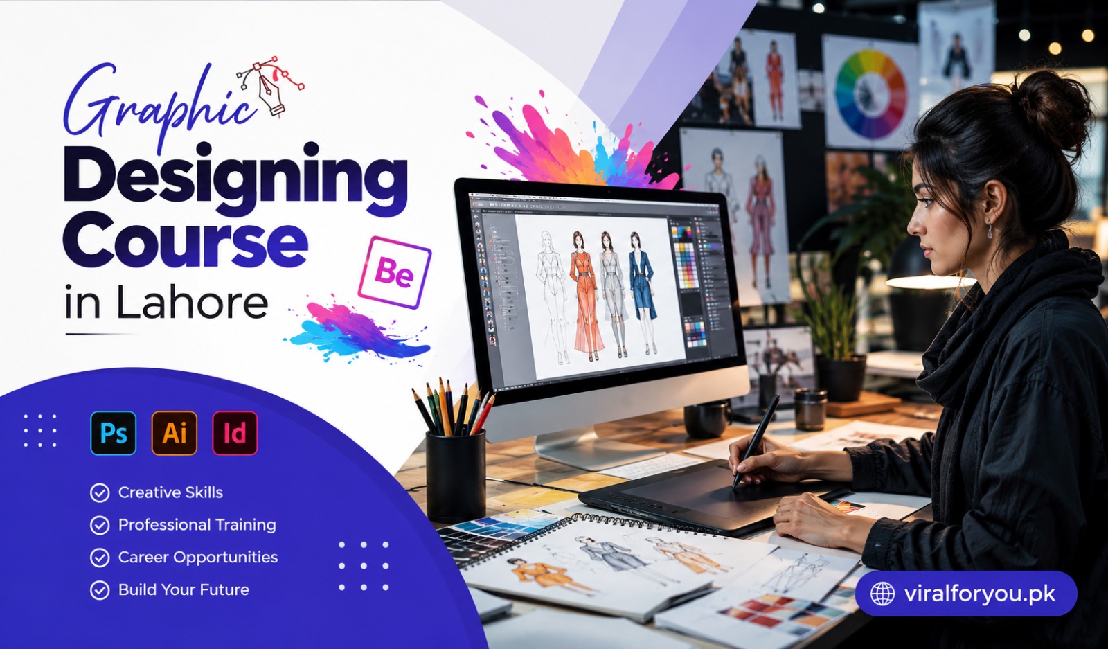 Graphic Designing Course in Lahore featuring a fashion designer using professional design software at a creative workspace.