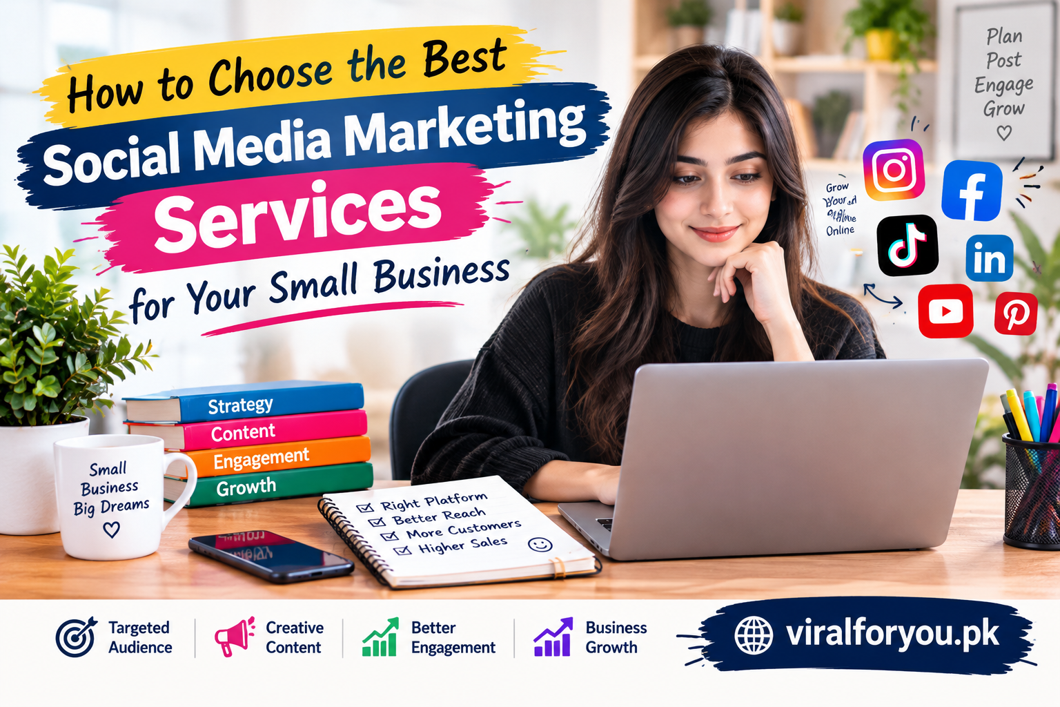 A woman working on a laptop with social media icons and the headline “How to Choose the Best Social Media Marketing Services for Your Small Business,” featuring viralforyou.pk.